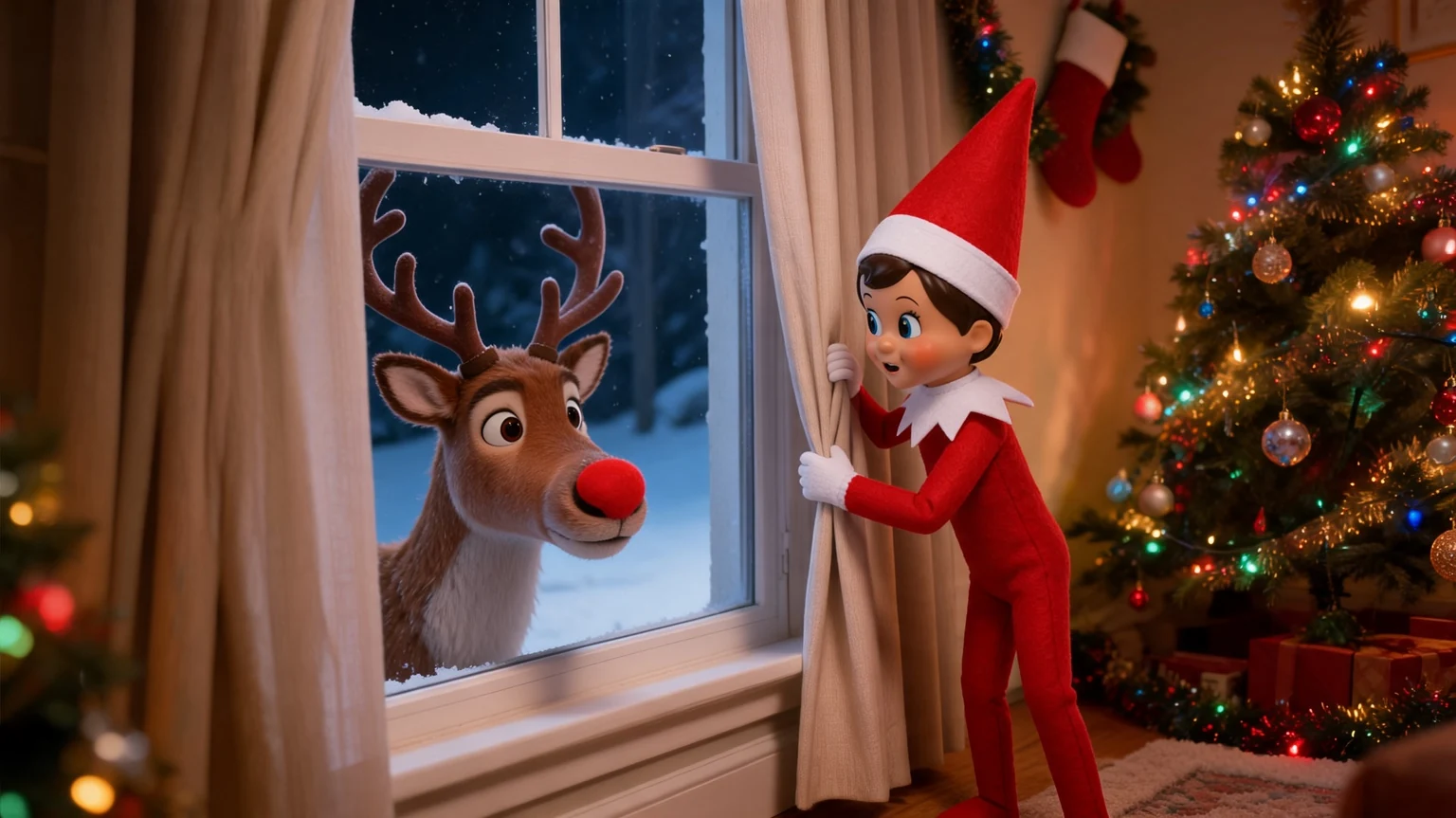 An elf opens the curtains to find a reindeer waiting outside in the snow.